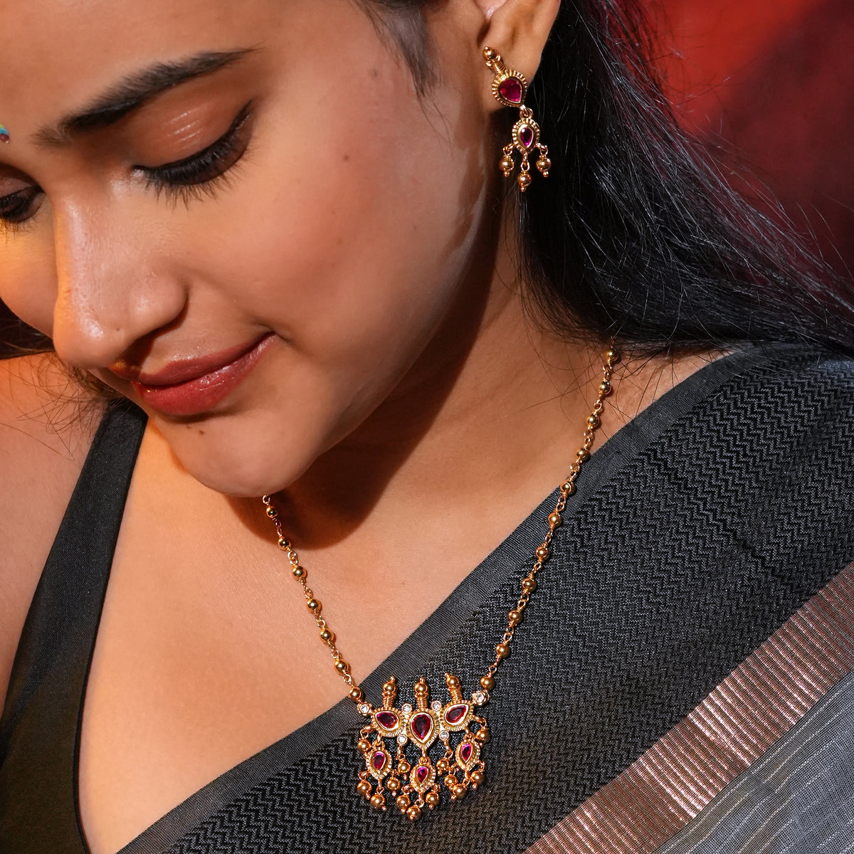 Pink CZ Tanmani Set with Sarmanee | 22K Gold-Plated