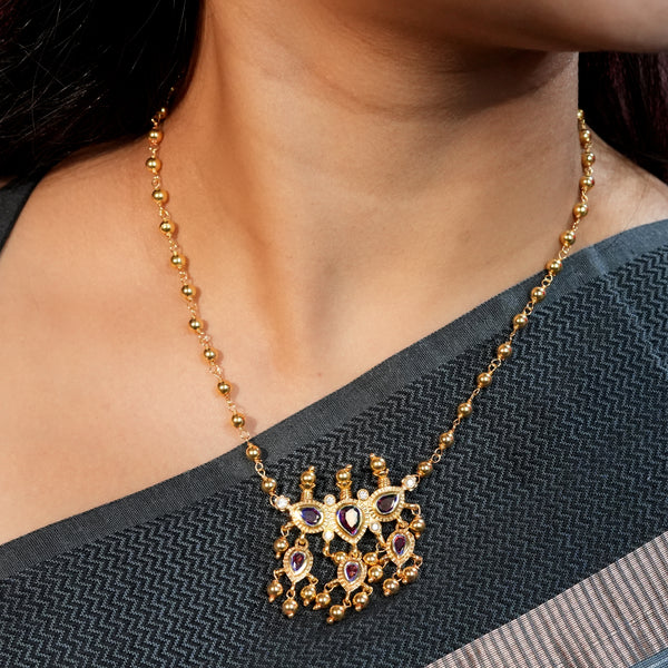 Pink CZ Tanmani Set with Sarmanee | 22K Gold-Plated