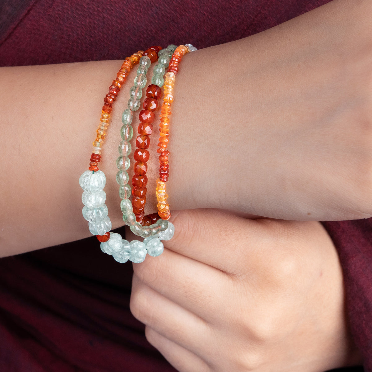 Carnelian, Aqua Fluorite & Russian Quartz Silver Bracelet