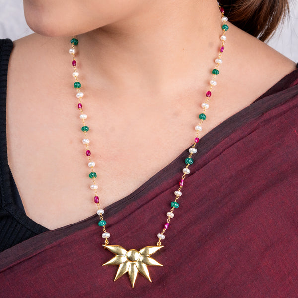 Petal Pendant Necklace with Rubies, Green Onyx & Pearl Ganthan | 22K Gold-Plated