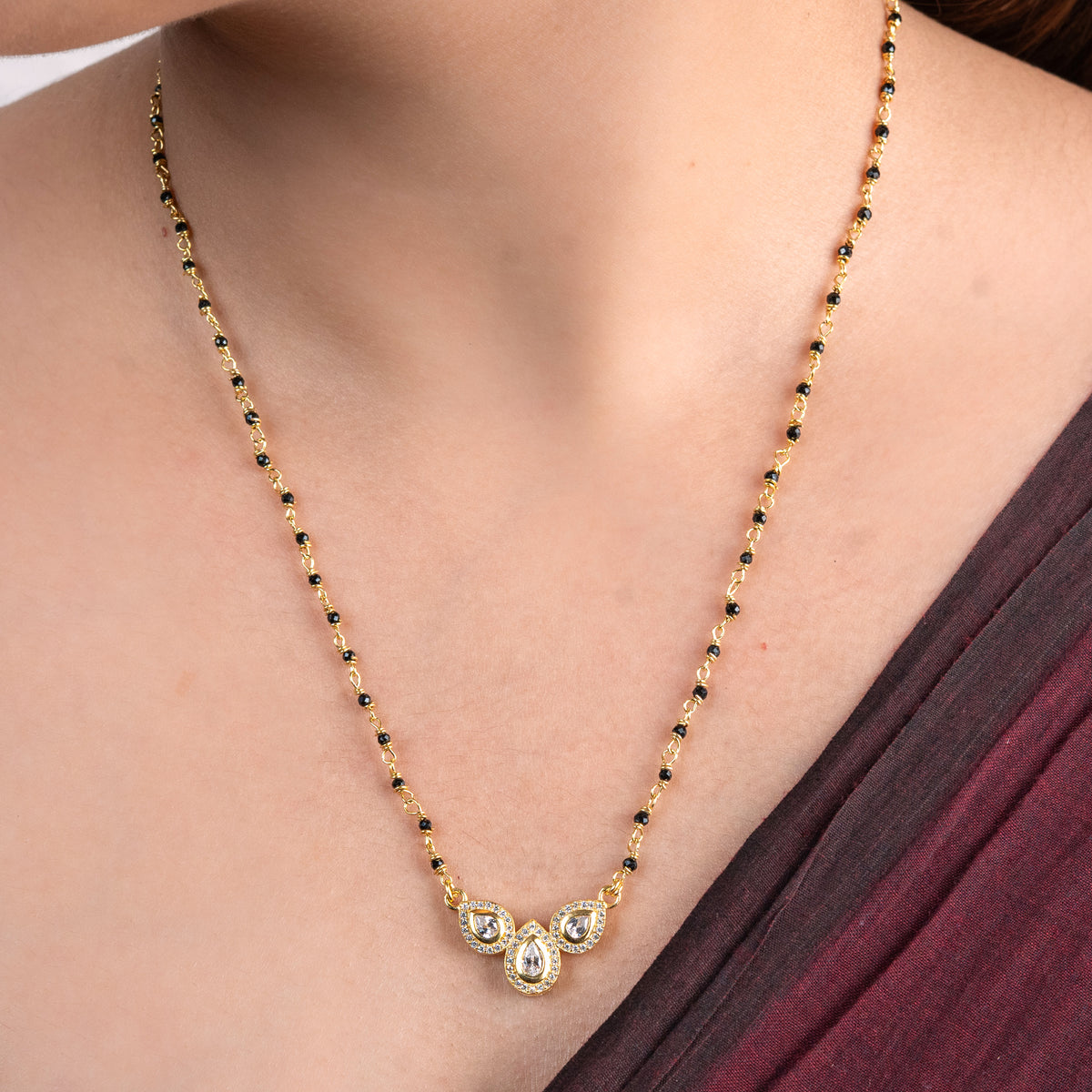 CZ Petal Necklace with Black Spinel | 22K Gold-Plated