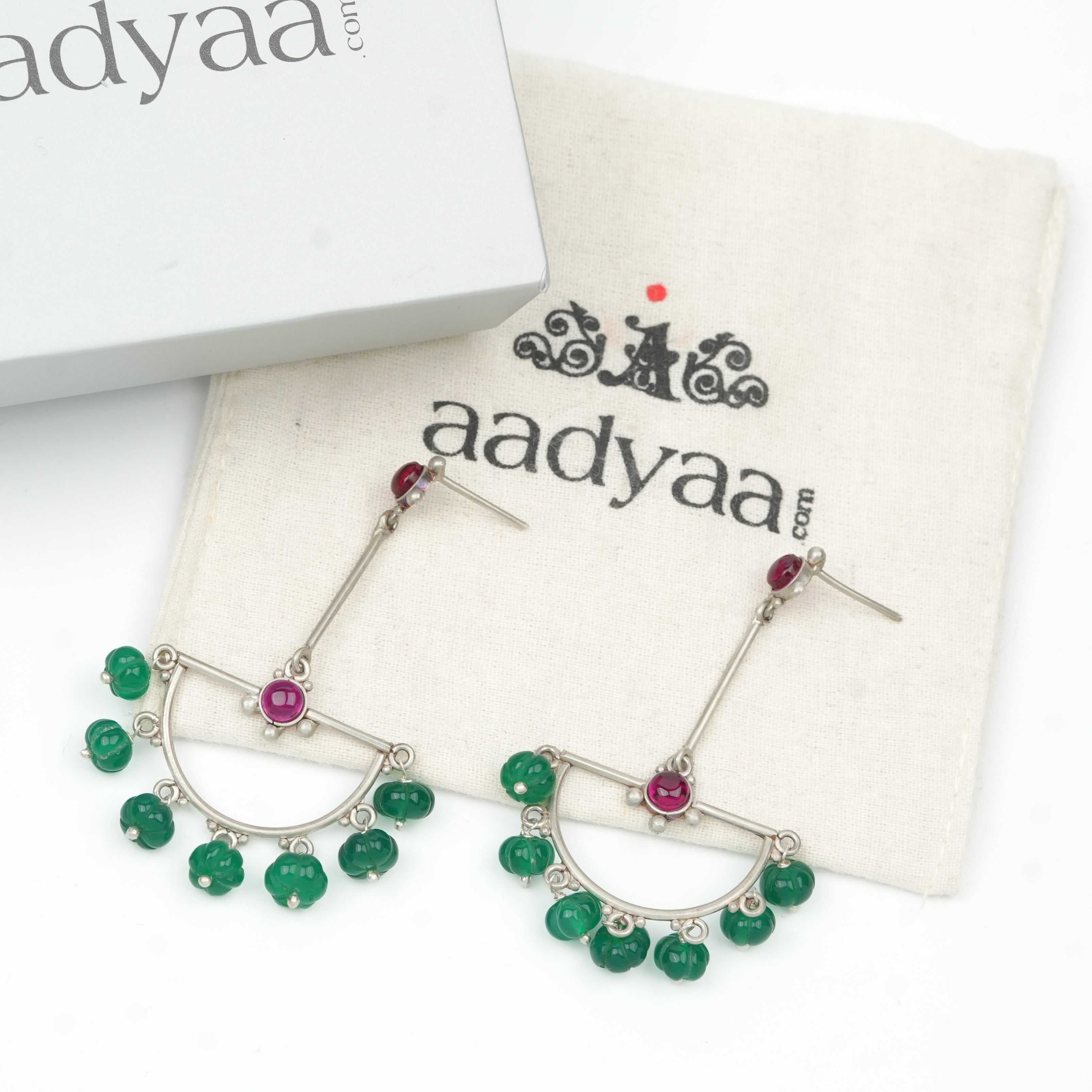 Oxidised Silver Crescent Arc Earrings with Green Onyx & Kempu Stones