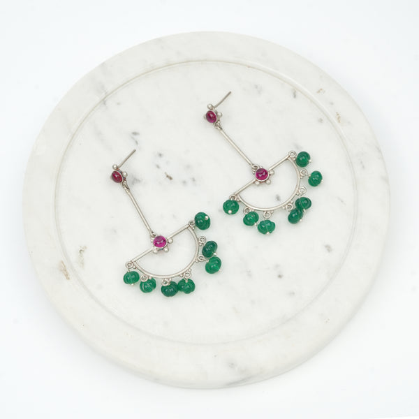 Oxidised Silver Crescent Arc Earrings with Green Onyx & Kempu Stones