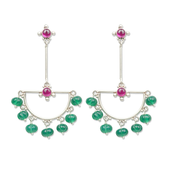 Oxidised Silver Crescent Arc Earrings with Green Onyx & Kempu Stones