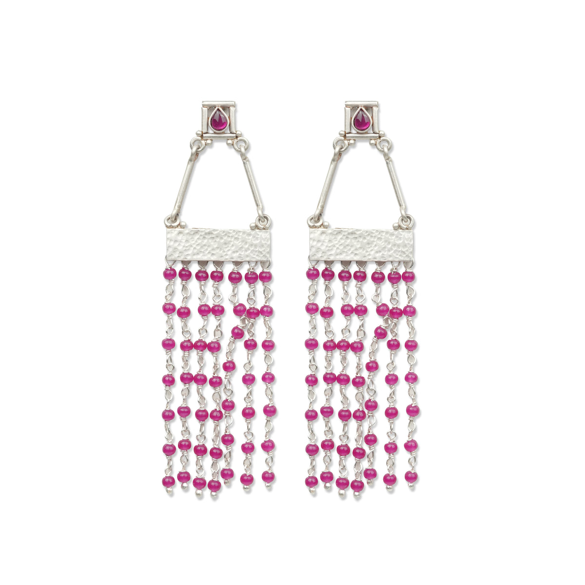 Oxidised Silver Hammered Box Earrings with Rubies