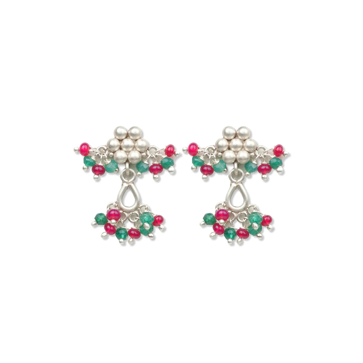 Oxidised Silver Kudi Earrings with Rubies & Green Onyx