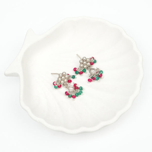 Oxidised Silver Kudi Earrings with Rubies & Green Onyx