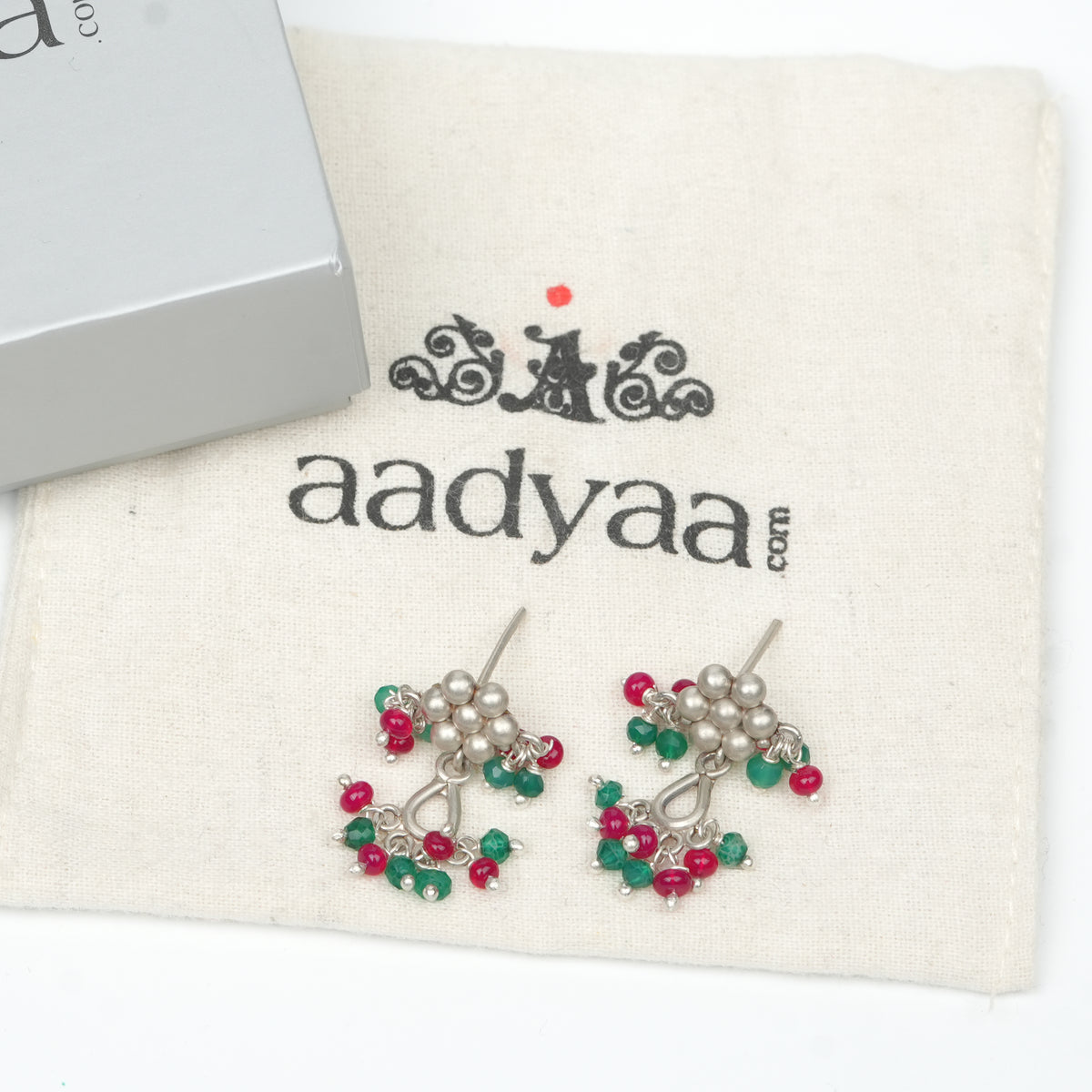 Oxidised Silver Kudi Earrings with Rubies & Green Onyx