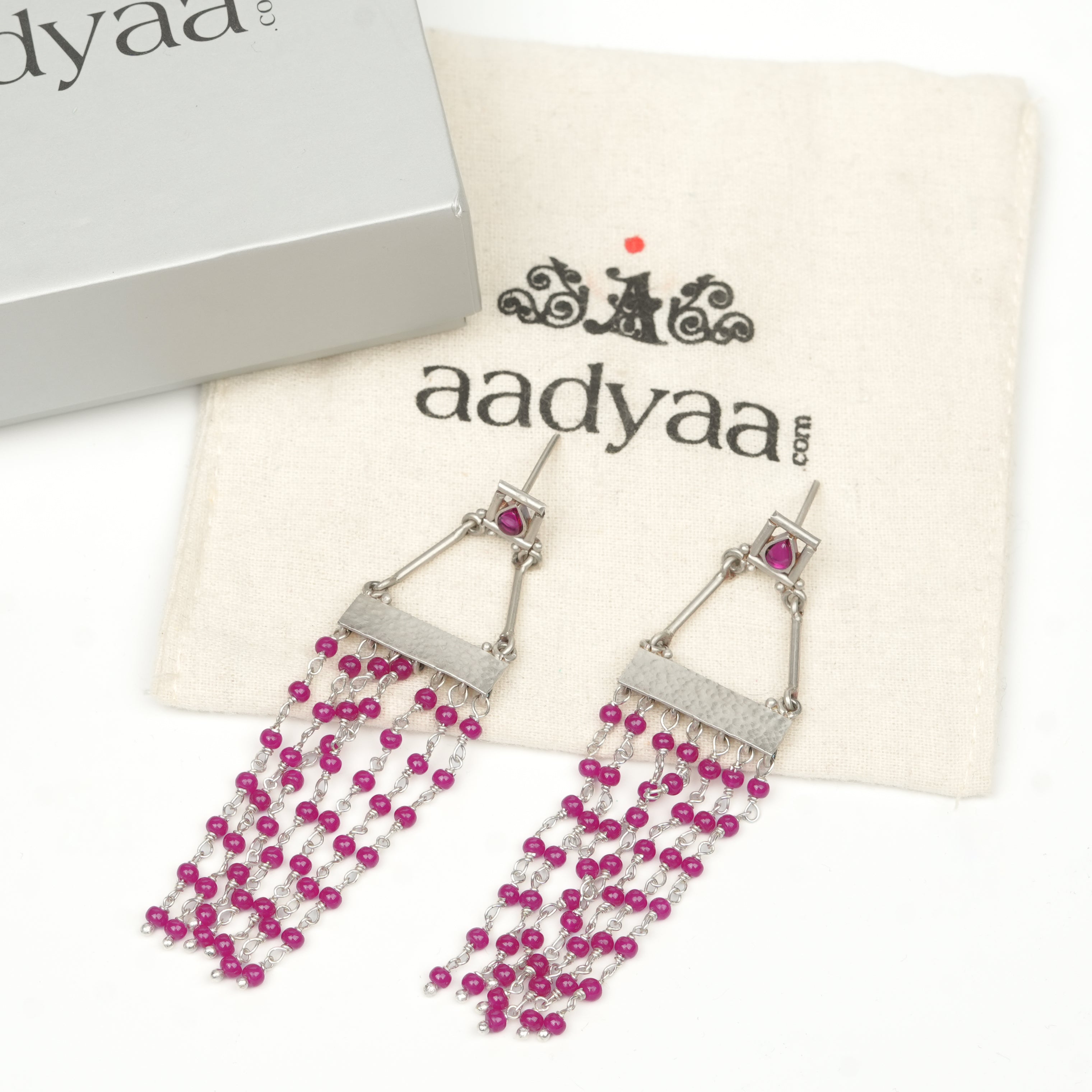 Oxidised Silver Hammered Box Earrings with Rubies