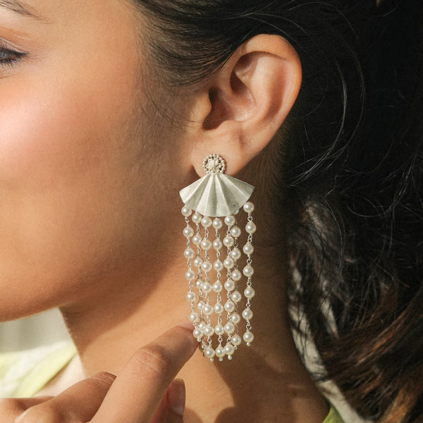 Oxidised Silver Pearl Arc Earrings