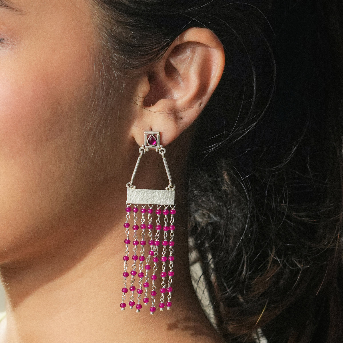 Oxidised Silver Hammered Box Earrings with Rubies
