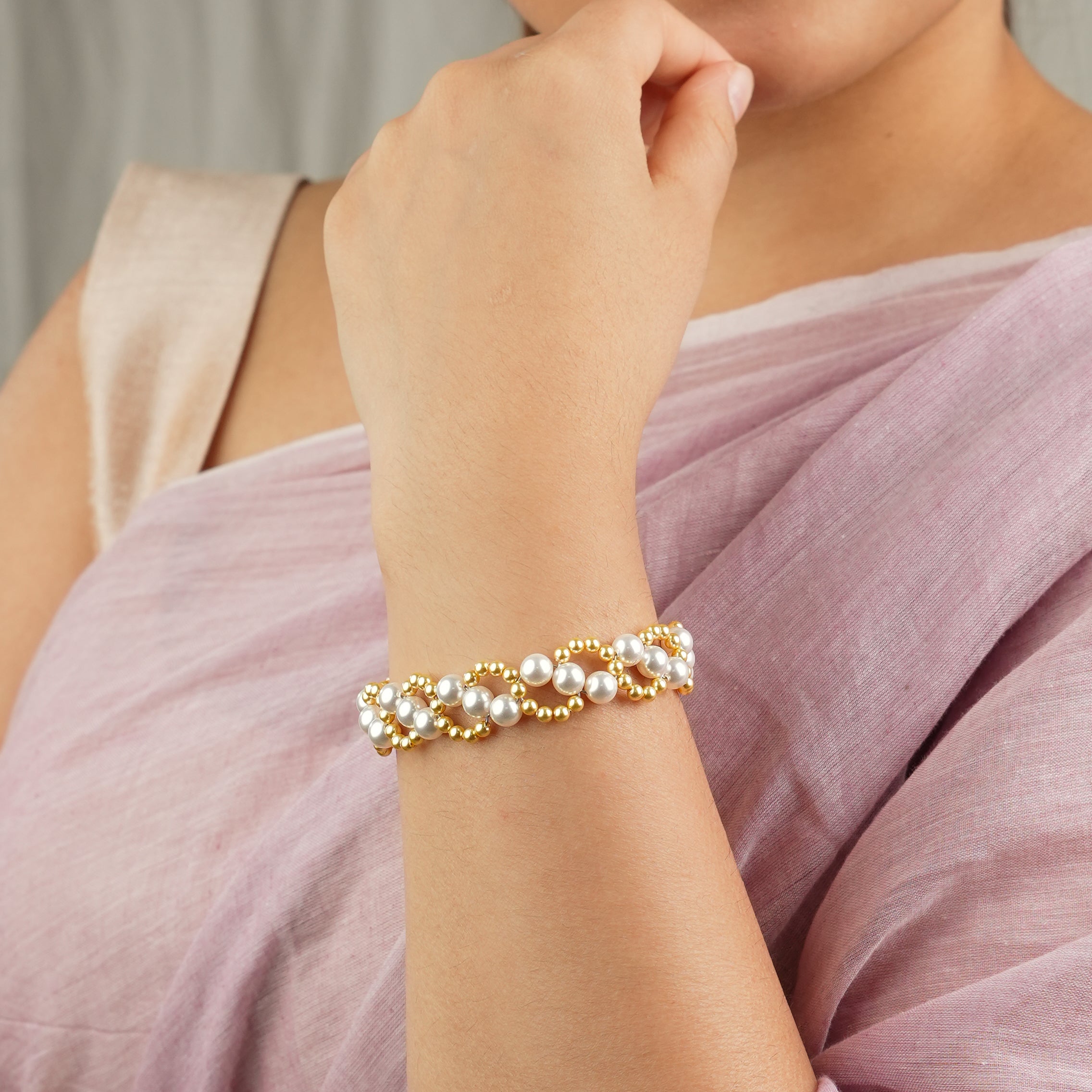 Golden and White Pearl Binded Bracelet (Project Handmade)