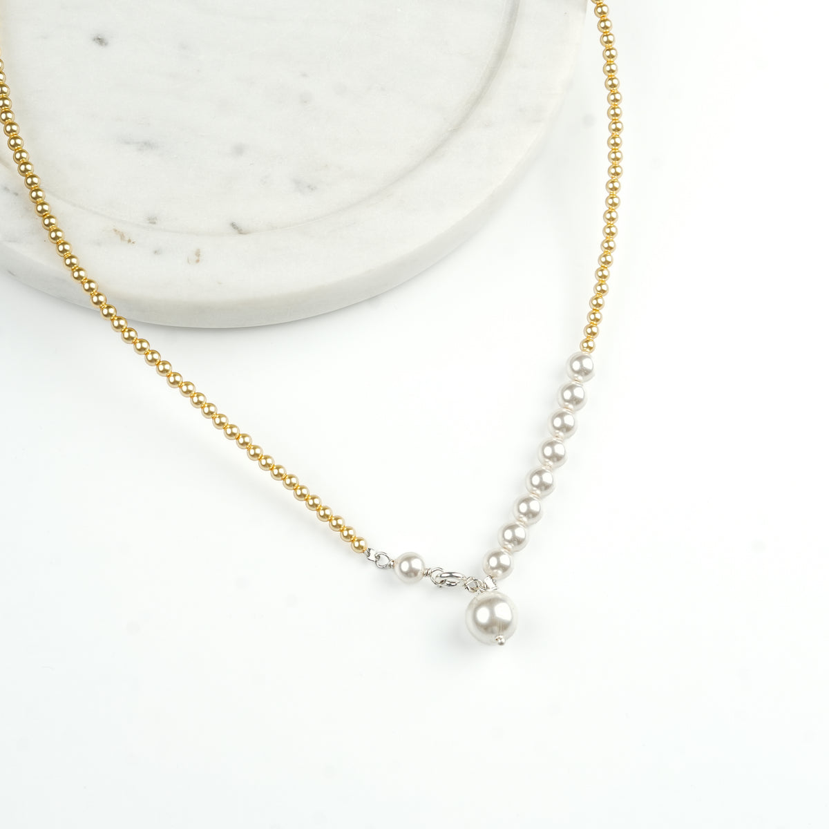 White and Golden Pearl Front Clasp Necklace (Project Handmade)