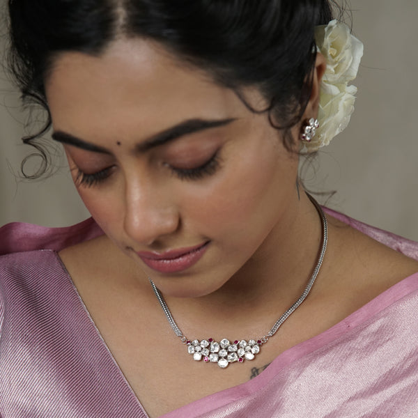 Polki Choker Silver Oxidized Chain Necklace (Moissanite)