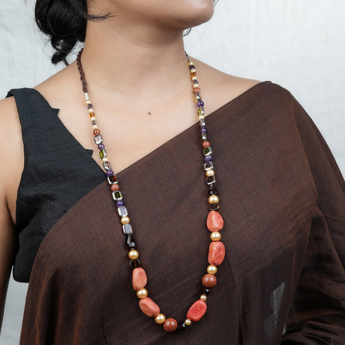 Golden Pearl, Amethyst, Handmade Ceramic Bead, Glass bead and Korean Glass Bead Necklace