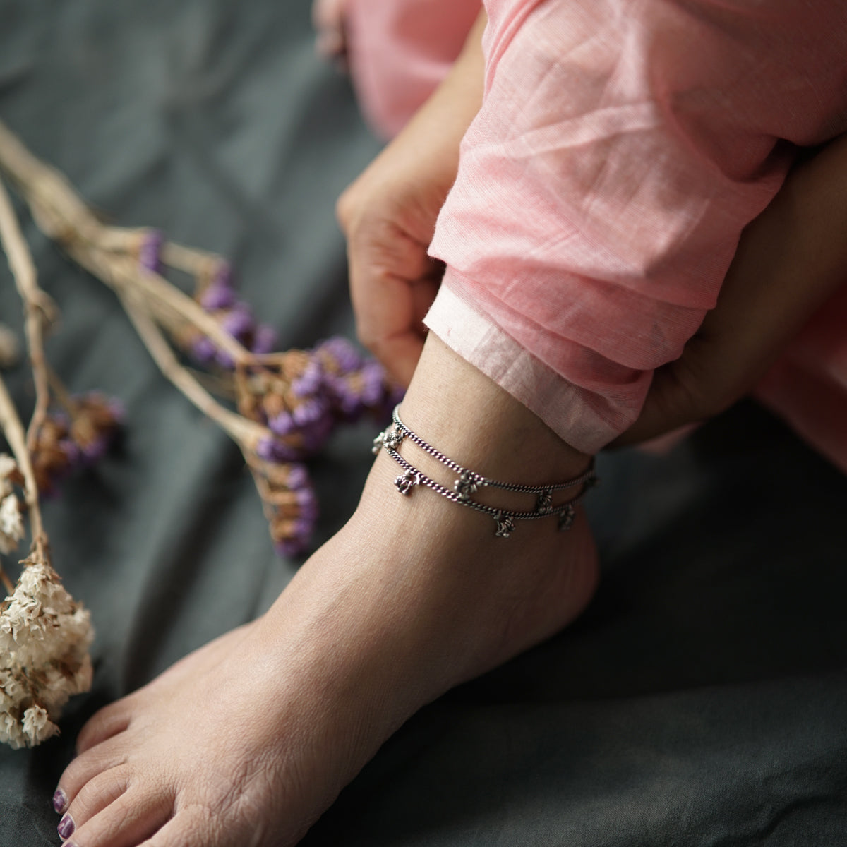 Silver Anklet with Two Line Ghungroo Motif