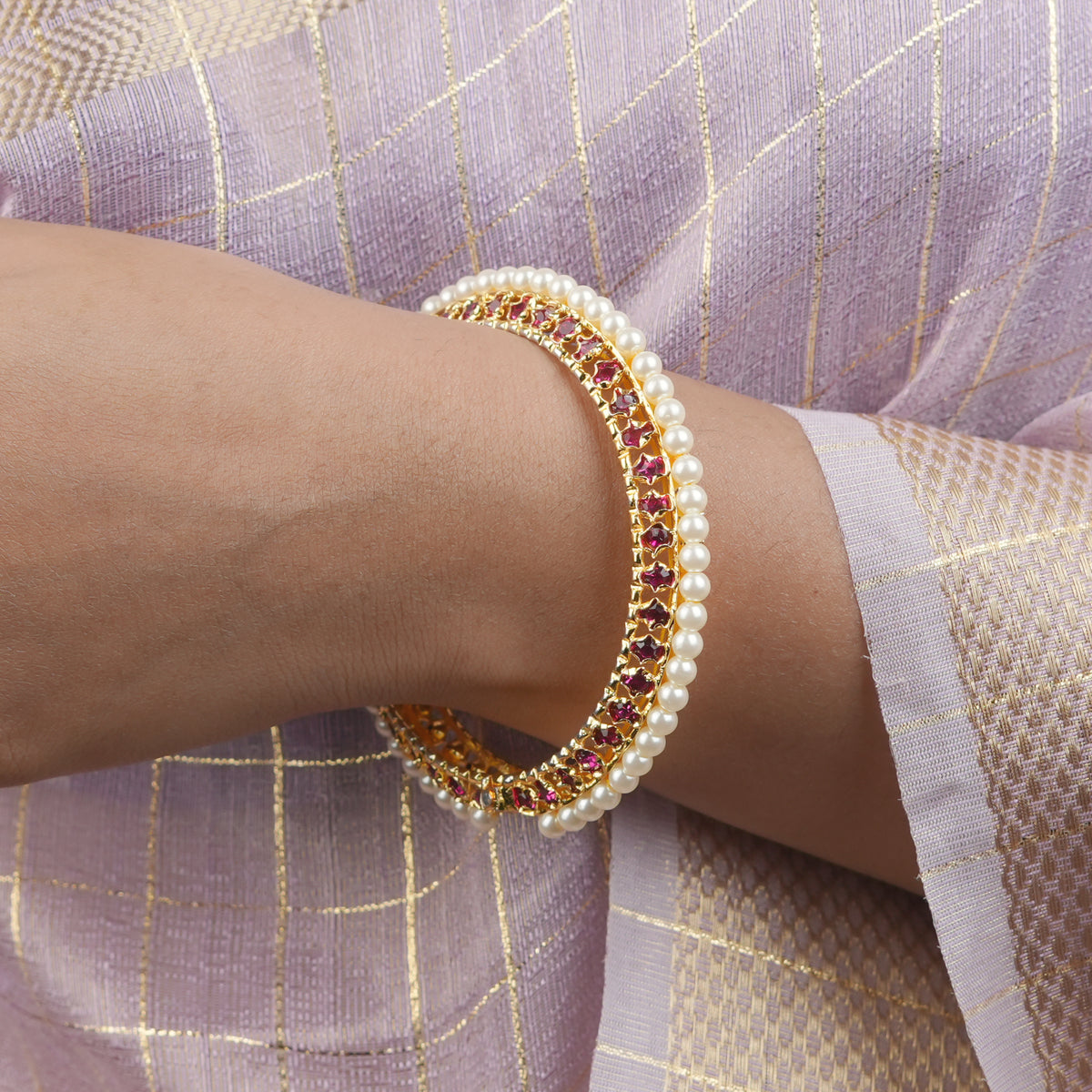 22K Gold Plated Fashion Pearl Tode with Pink Stones (Pair)