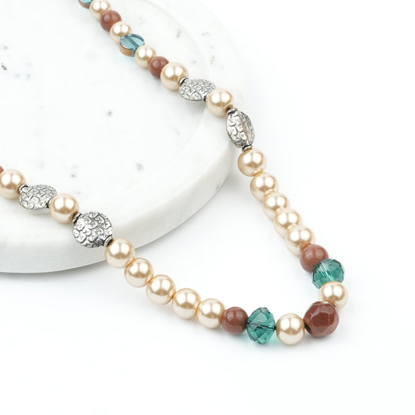 Silver Plated Copper Bead, Glass Bead and Pearl Necklace