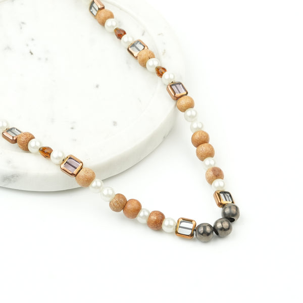 Glass Bead and Wooden Bead Necklace