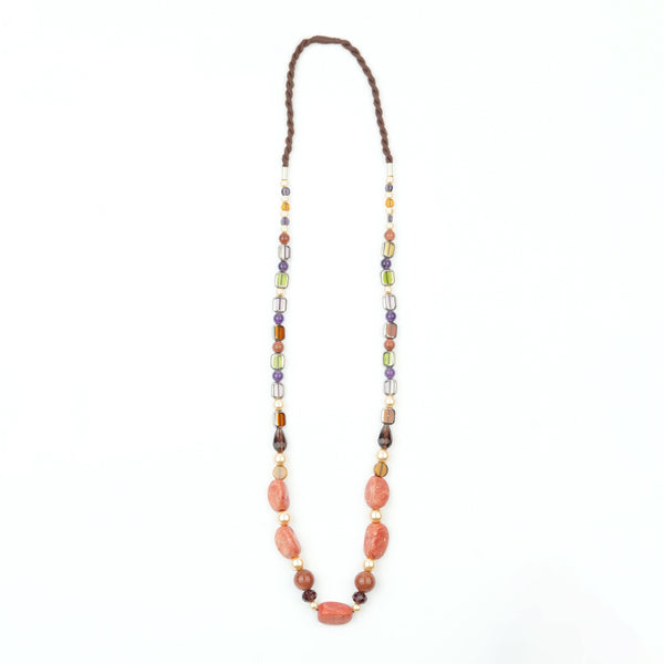 Golden Pearl, Amethyst, Handmade Ceramic Bead, Glass Bead, and Korean Glass Bead Necklace