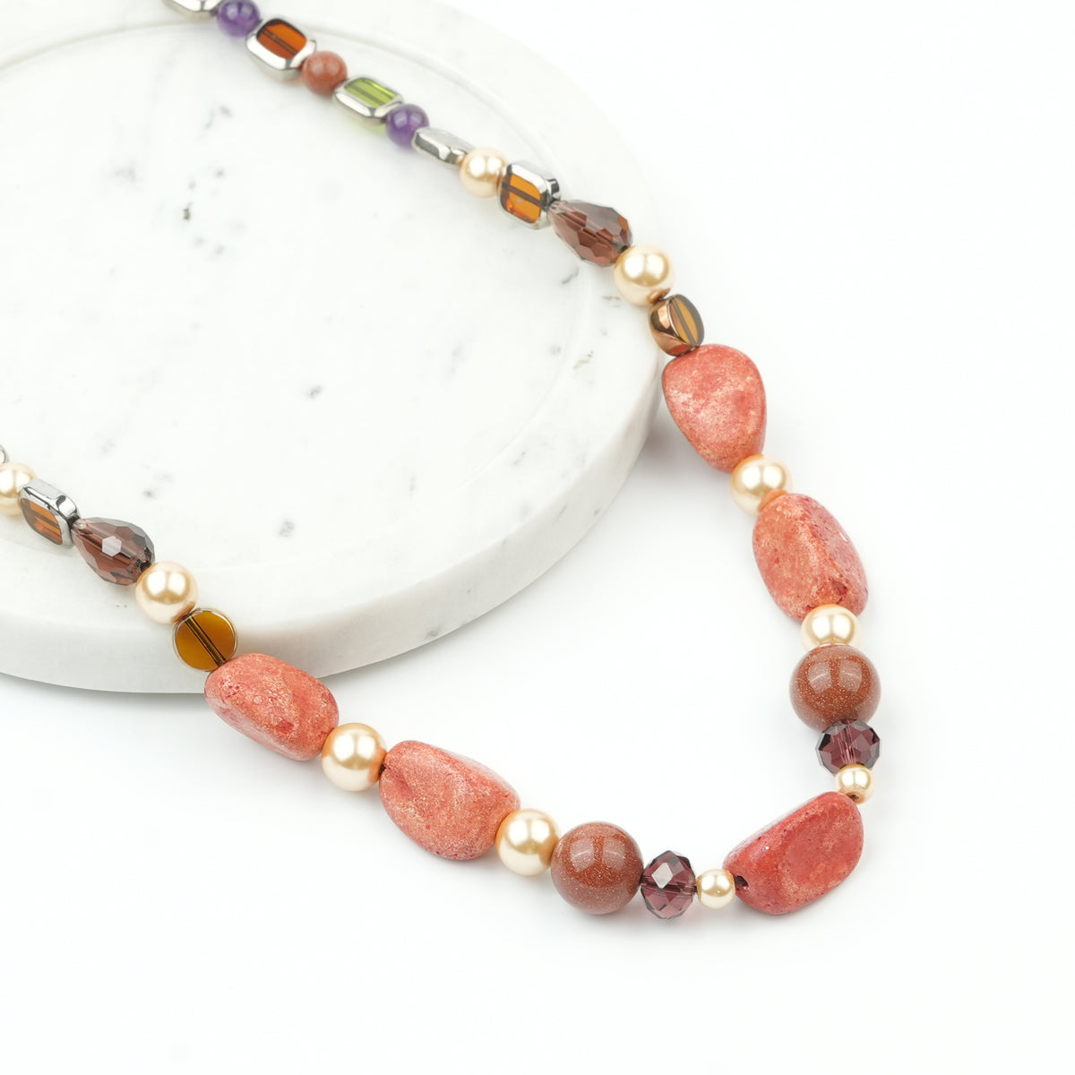 Golden Pearl, Amethyst, Handmade Ceramic Bead, Glass bead and Korean Glass Bead Necklace