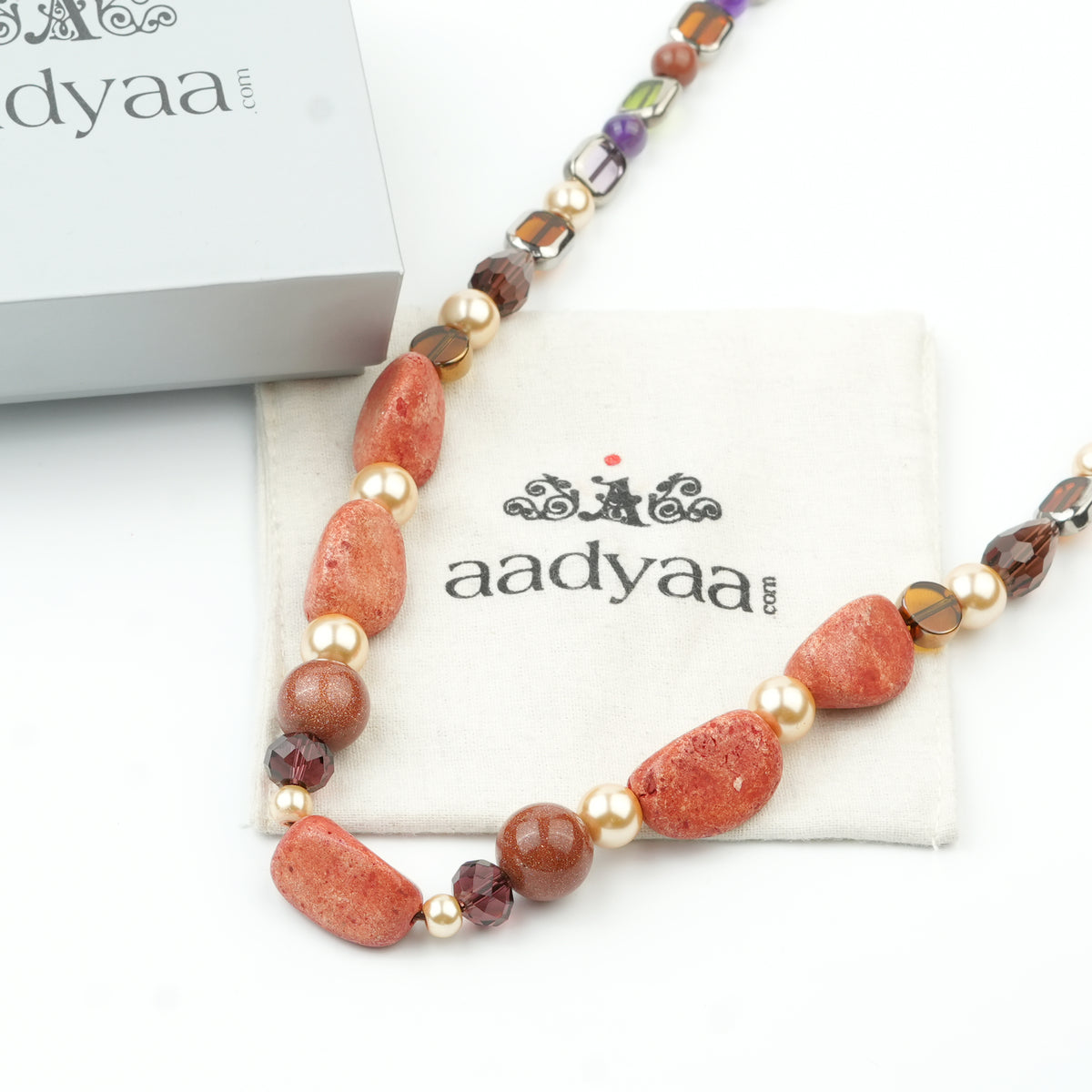 Golden Pearl, Amethyst, Handmade Ceramic Bead, Glass bead and Korean Glass Bead Necklace