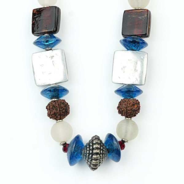 Silver Foil, Rudraksha and Glass Bead Necklace