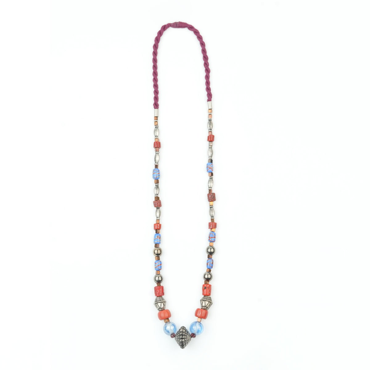 Silver Plated Copper Bead, Coral and Multicolour Bead Necklace