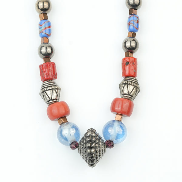 Silver Plated Copper Bead, Coral and Multicolour Bead Necklace