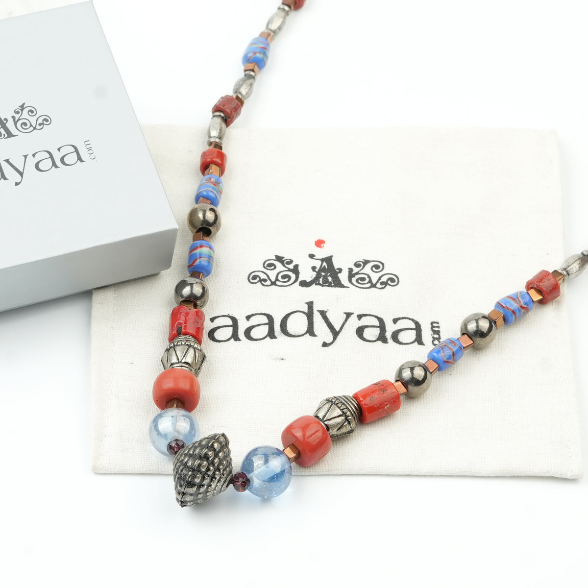 Silver Plated Copper Bead, Coral and Multicolour Bead Necklace
