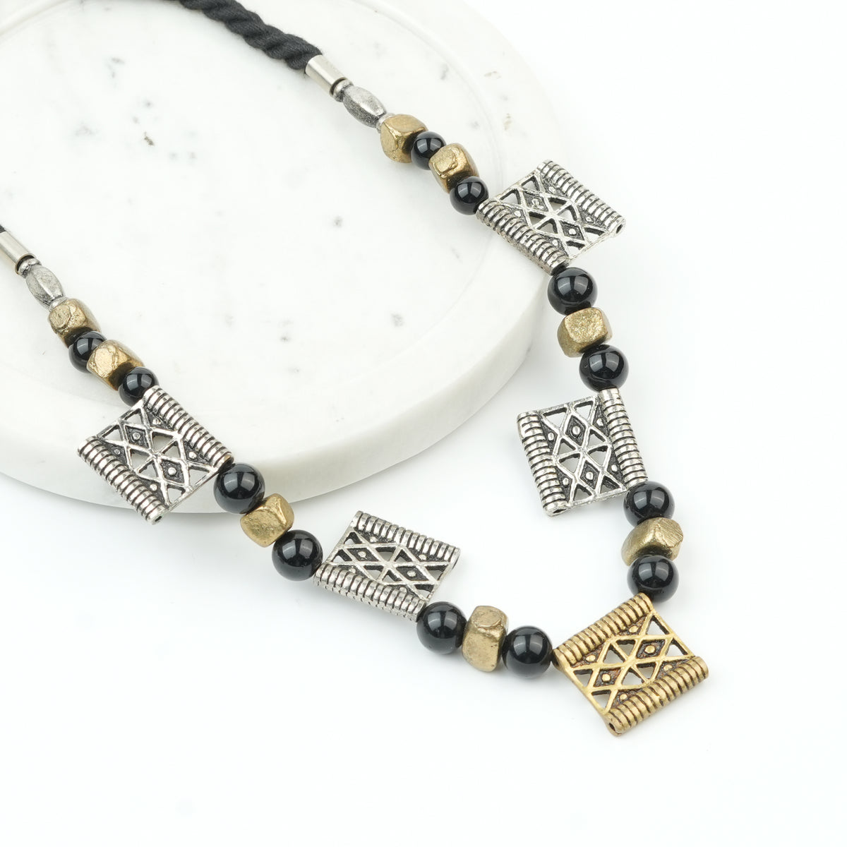 Copper Bead and Black Bead German Silver Necklace