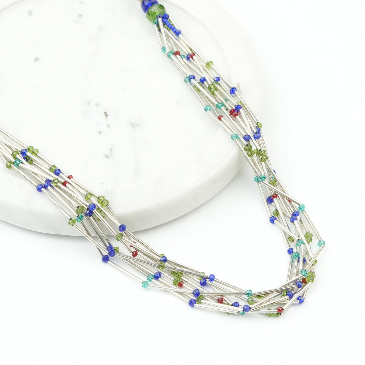 German Silver Pipes and Glass Bead Layered Necklace