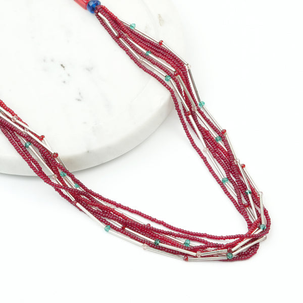 Glass Bead and German Silver Pipe Necklace