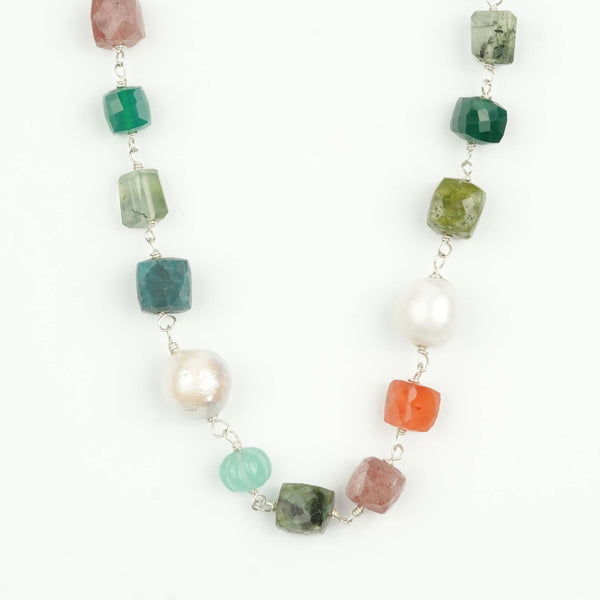 Multicolour Stone Ganthan Necklace with Baroque Pearls – 26 Inches