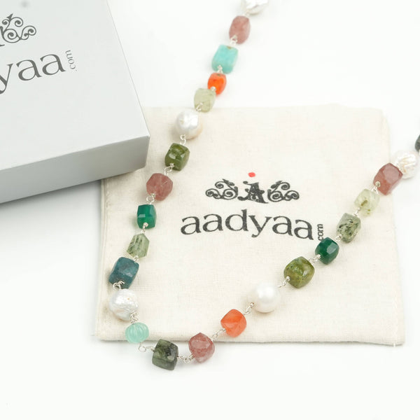 Multicolour Stone Ganthan Necklace with Baroque Pearls – 26 Inches