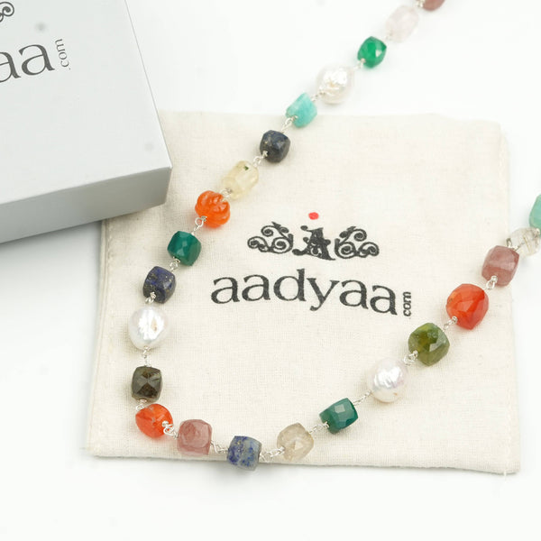 Multicolour Stone Ganthan Necklace with Baroque Pearls – 20 Inches