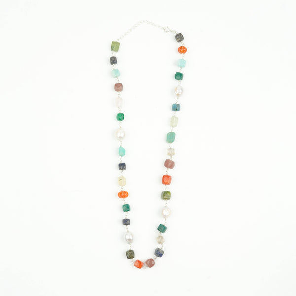 Multicolour Stone Ganthan Necklace with Baroque Pearls – 20 Inches
