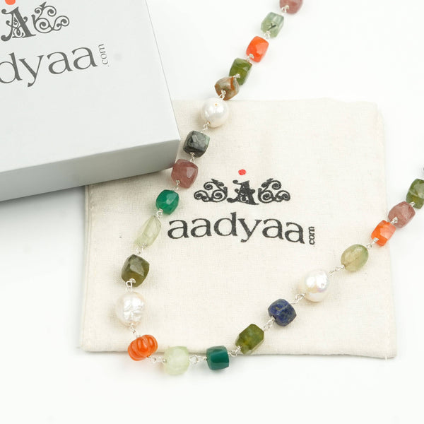 Multicolour Stone Ganthan Necklace with Baroque Pearls – 24 Inches