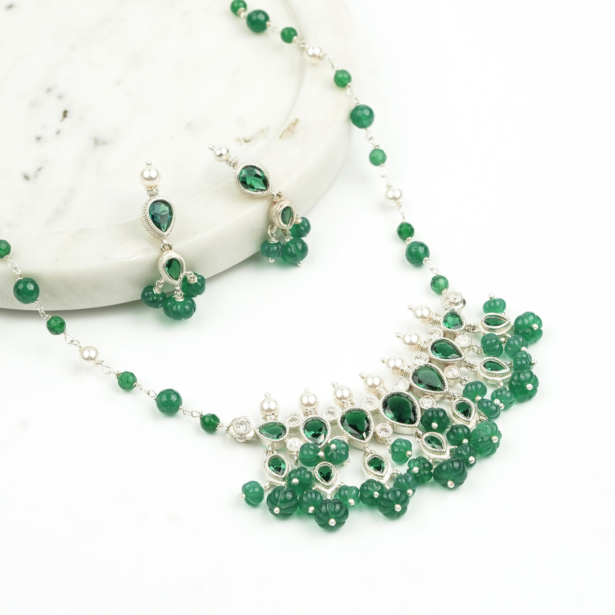 Silver CZ Tanmani Set with Green Onyx