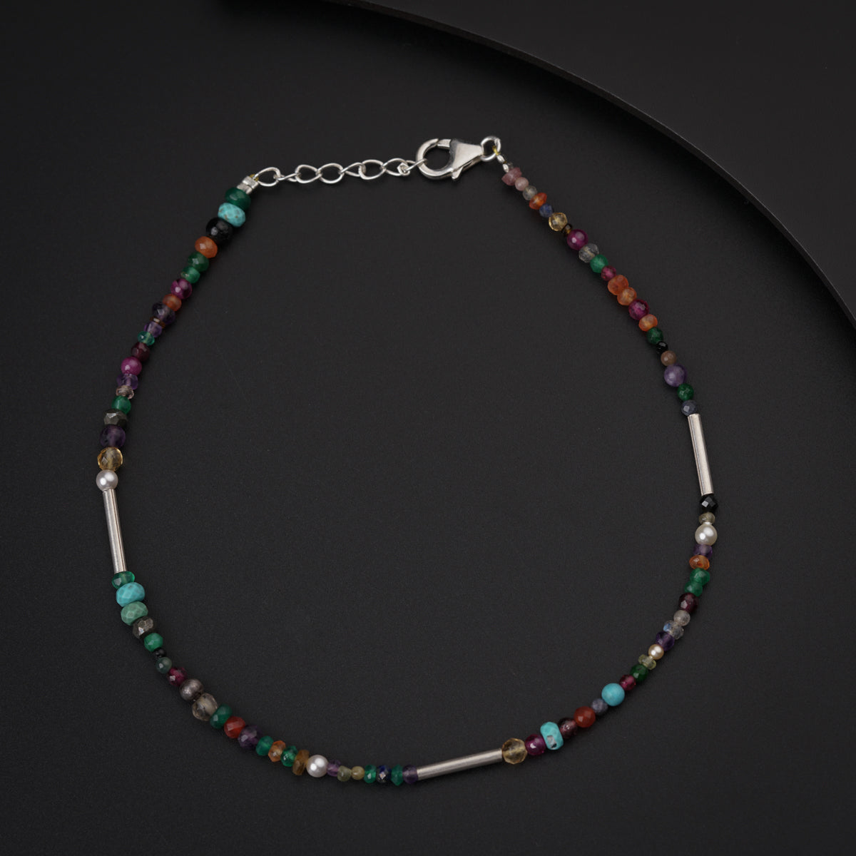 Multicolor Semi Precious Stones Silver Anklet