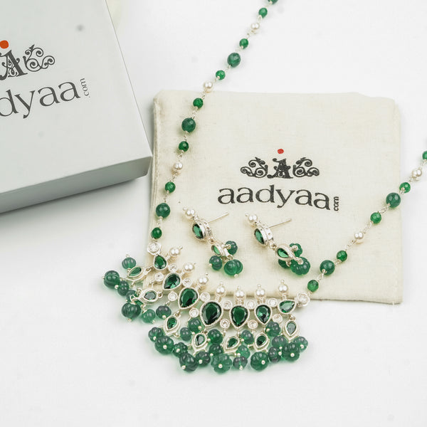 Silver CZ Tanmani Set with Green Onyx