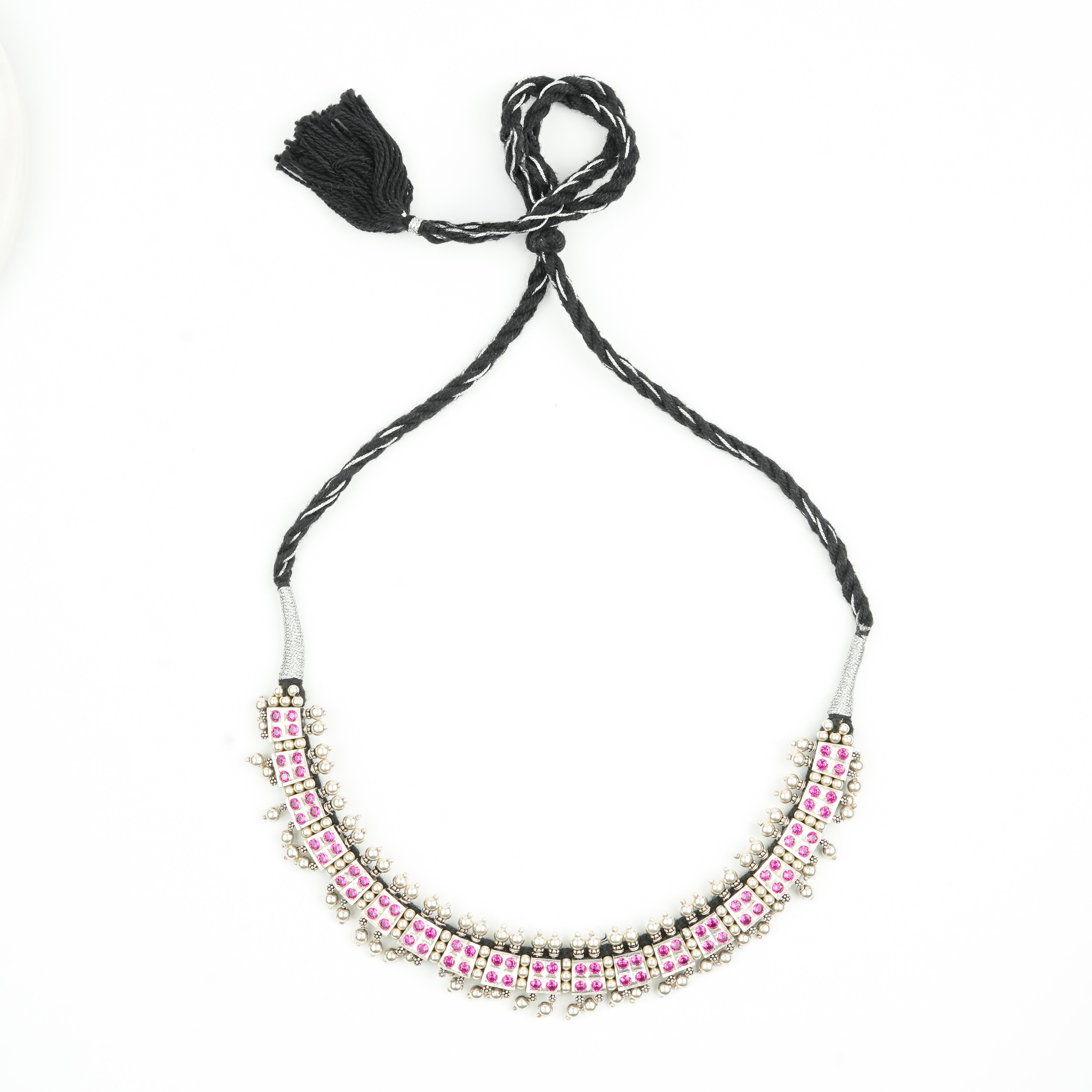Oxidised Silver Laffa Choker with Pink Stones