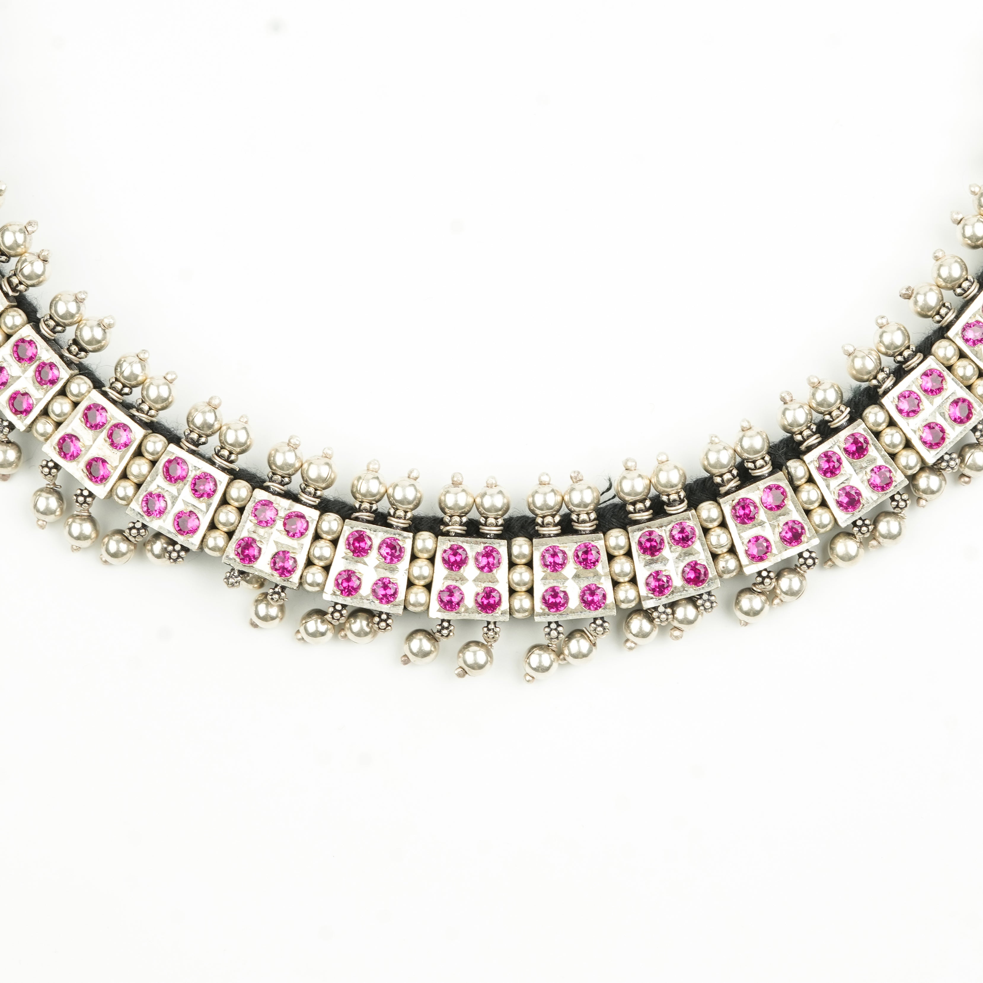 Oxidised Silver Laffa Choker with Pink Stones