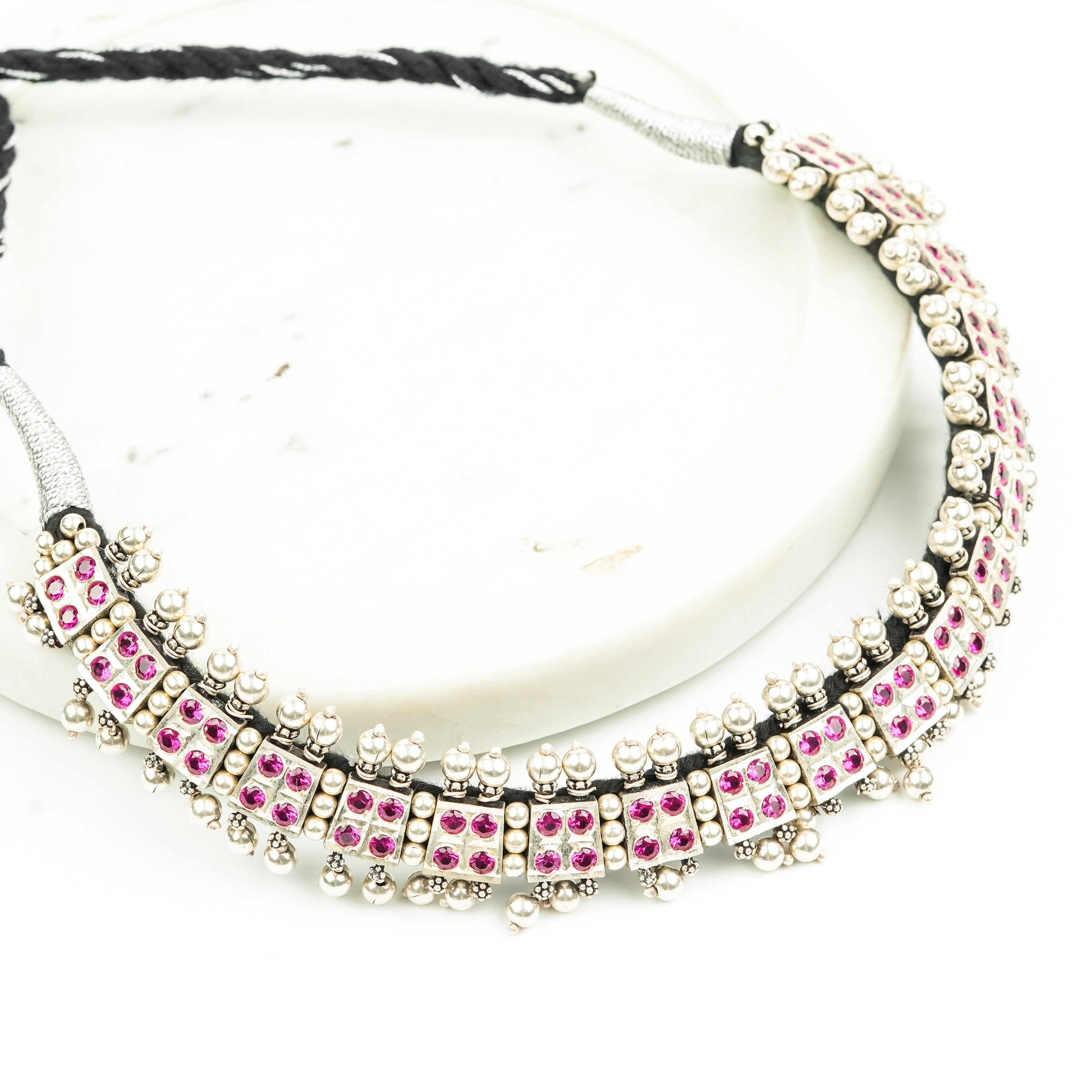 Oxidised Silver Laffa Choker with Pink Stones