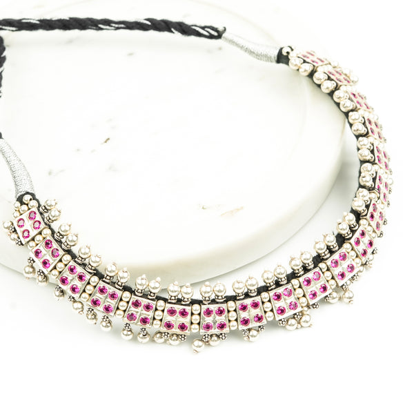 Oxidised Silver Laffa Choker with Pink Stones
