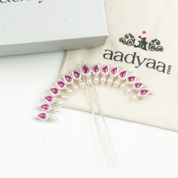 Silver Koyari Hairpin with Pink Stones & Pearls