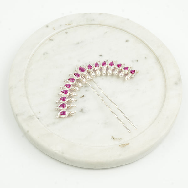 Silver Koyari Hairpin with Pink Stones & Pearls