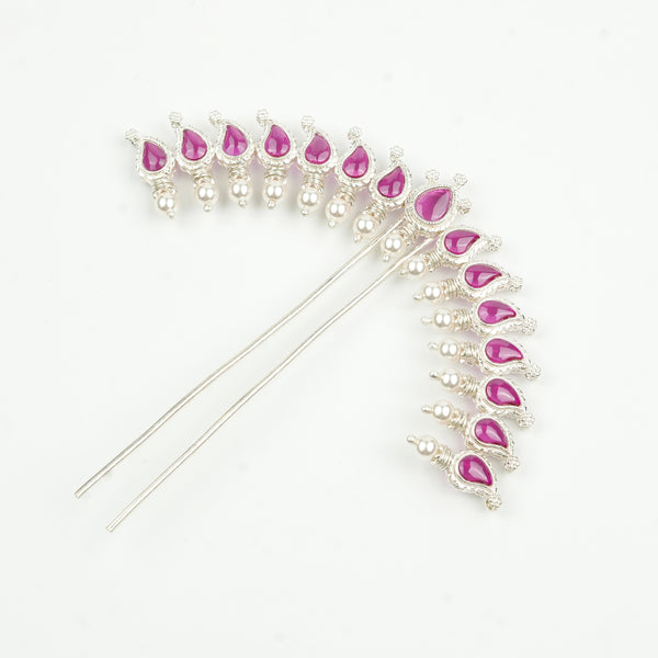 Silver Koyari Hairpin with Pink Stones & Pearls