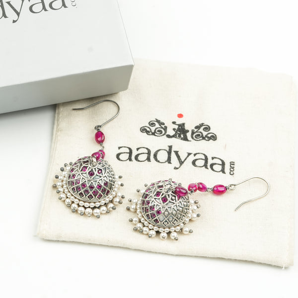 Oxidised Silver Filigree Jhumki with Ruby Beads