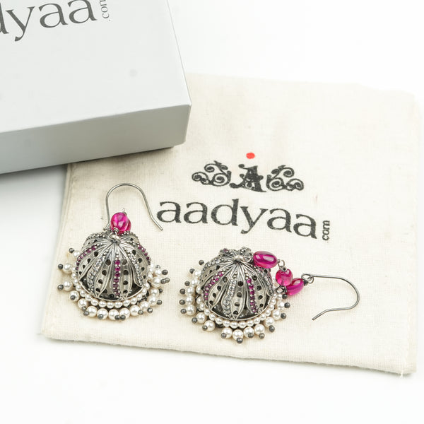 Oxidised Silver Petal Jhumki with CZ & Ruby Beads